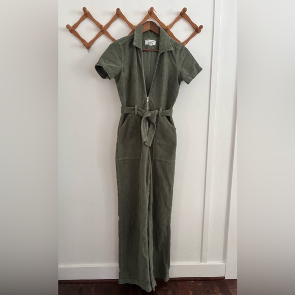 Reformation Pants - Reformation Cassidy Long Corduroy Jumpsuit Short Sleeve Olive Green